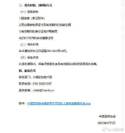 国足主帅公开选聘：报名时间9月5日至9月20需满足七大条件的简单介绍  第1张